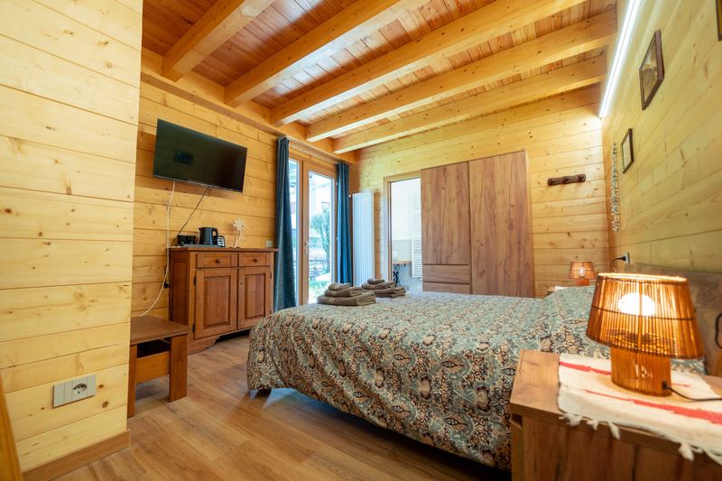 Camera Curt de Gat: TV, credenza in legno con il bollitore, armadio e portafinestra