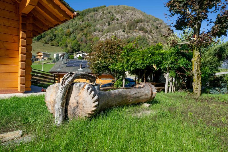 Il giardino dello chalet con la fontana ricavata da un tronco scavato